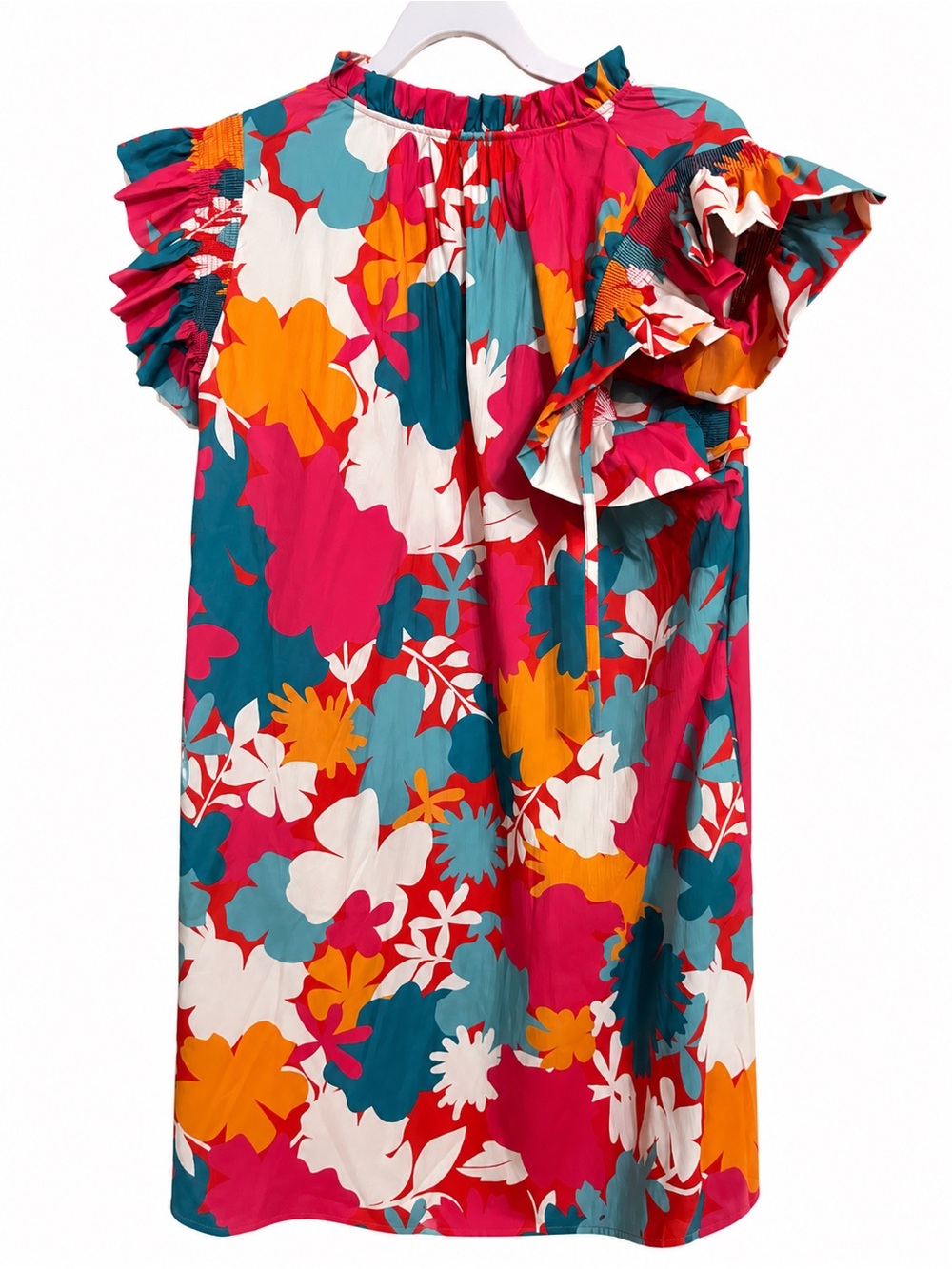 Tropical Floral Ruffle Sleeve Shift Dress Bright Resort Dress Size Large